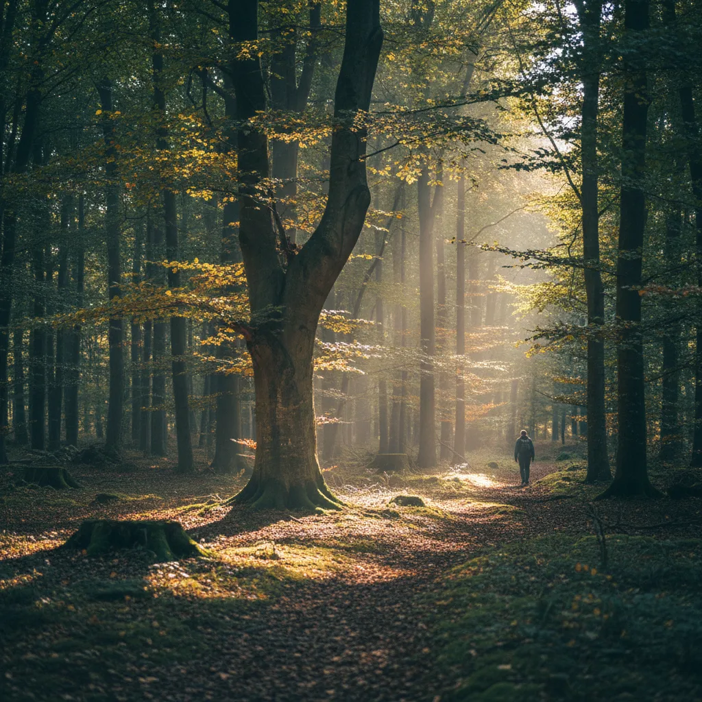 Buchenwald im Nationalpark Kongernes Nordsjælland mit Sonnenlicht durch die Baumkronen