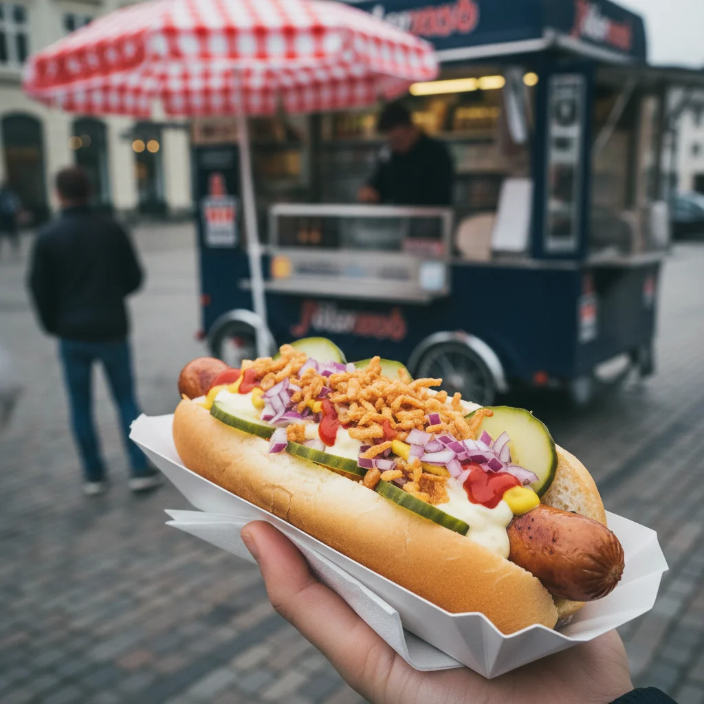 Dänischer Hotdog am Pølsevogn mit allen Zutaten