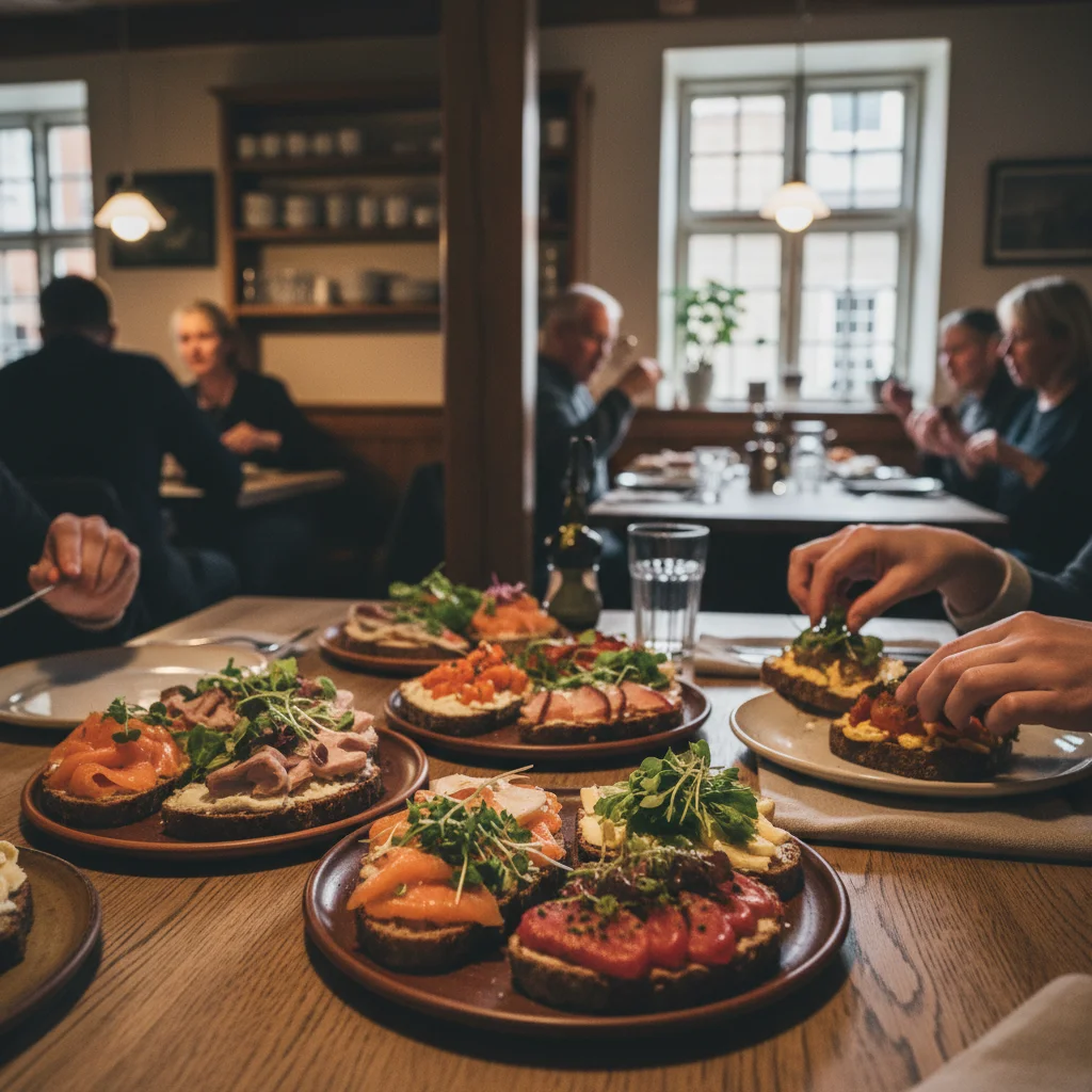 Gemütliches dänisches Restaurant mit Smørrebrød auf dem Tisch