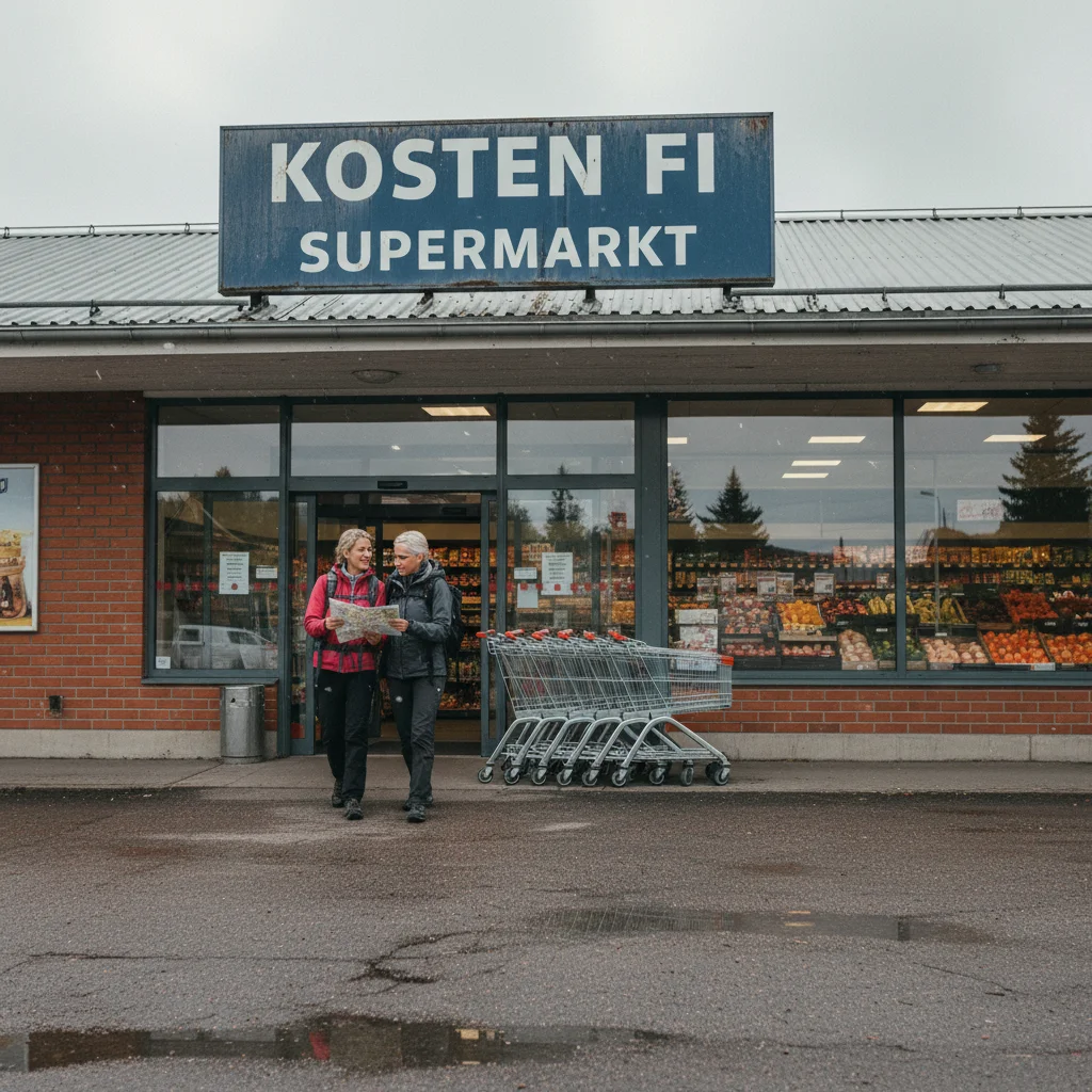 Typischer finnischer Supermarkt mit Produkten und Preisschildern