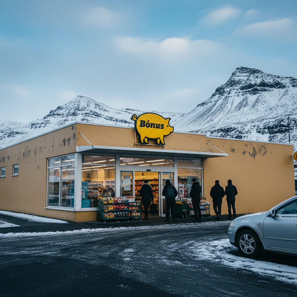 Bónus Supermarkt in Island mit typischem gelben Schwein-Logo