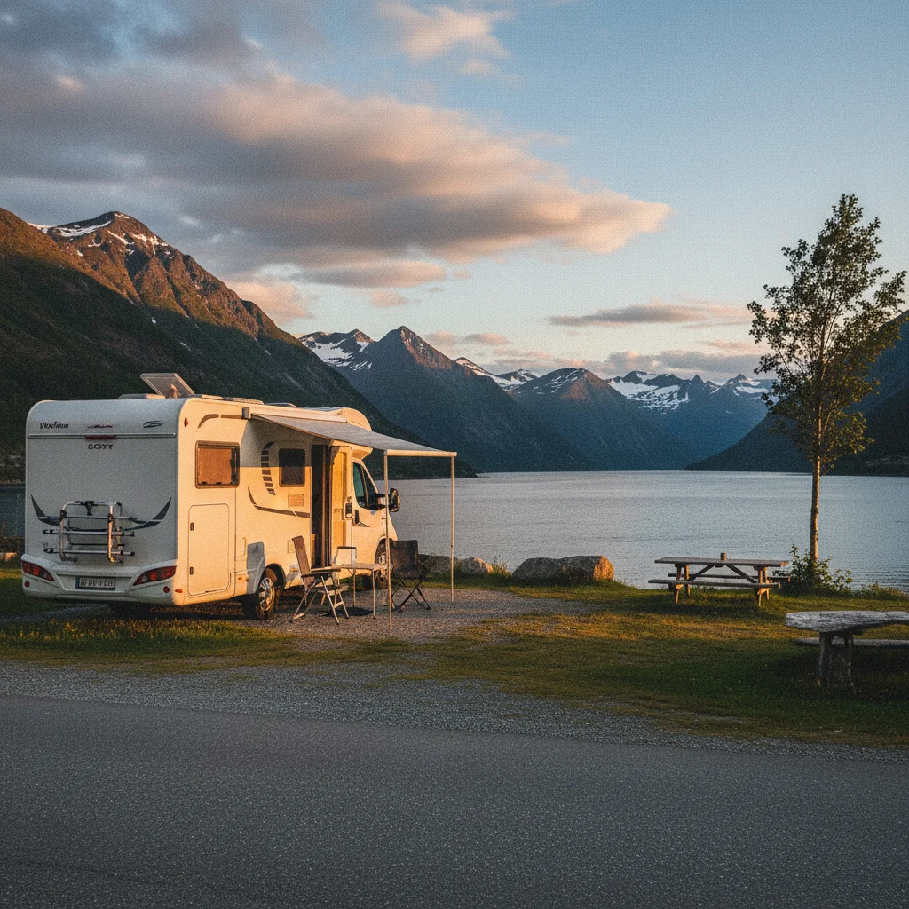 Wohnmobil auf einem norwegischen Campingplatz am Fjord mit Bergen im Hintergrund