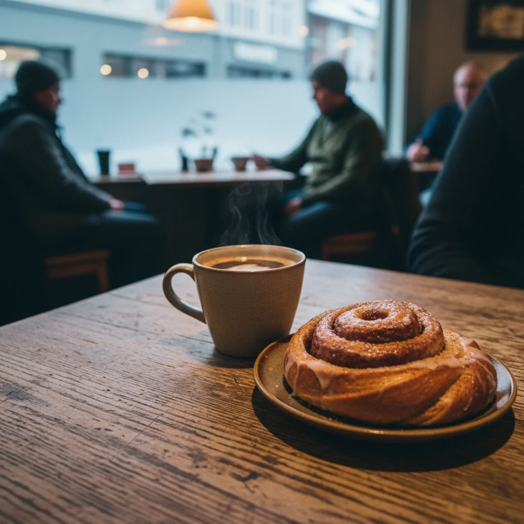 Kaffee und Zimtschnecke in einem norwegischen Café