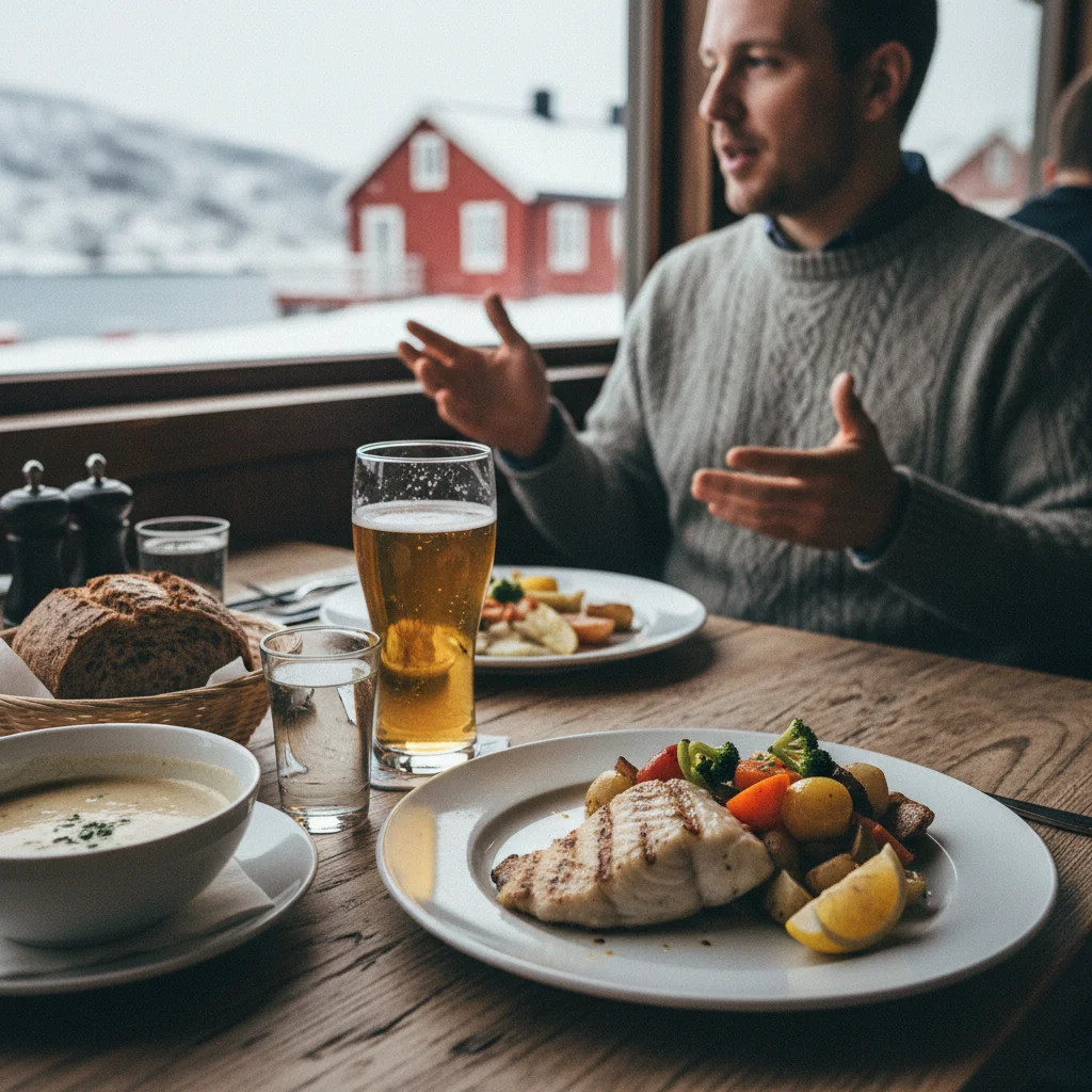 Tisch in einem norwegischen Restaurant mit Fischgericht und Getränken