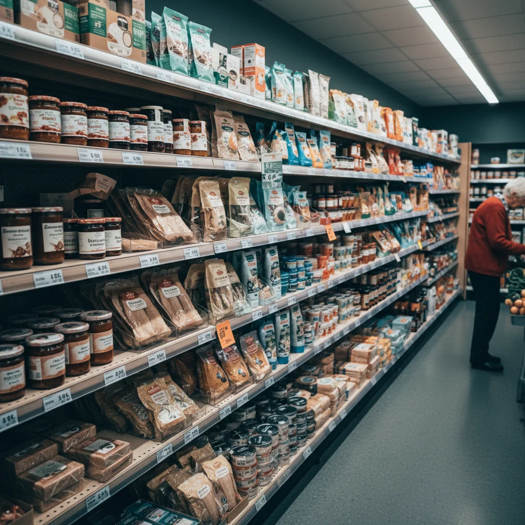 Regale in einem norwegischen Supermarkt mit Lebensmitteln und Preisschildern
