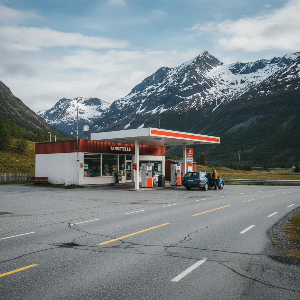 Norwegische Tankstelle an einer Landstraße mit Bergen im Hintergrund