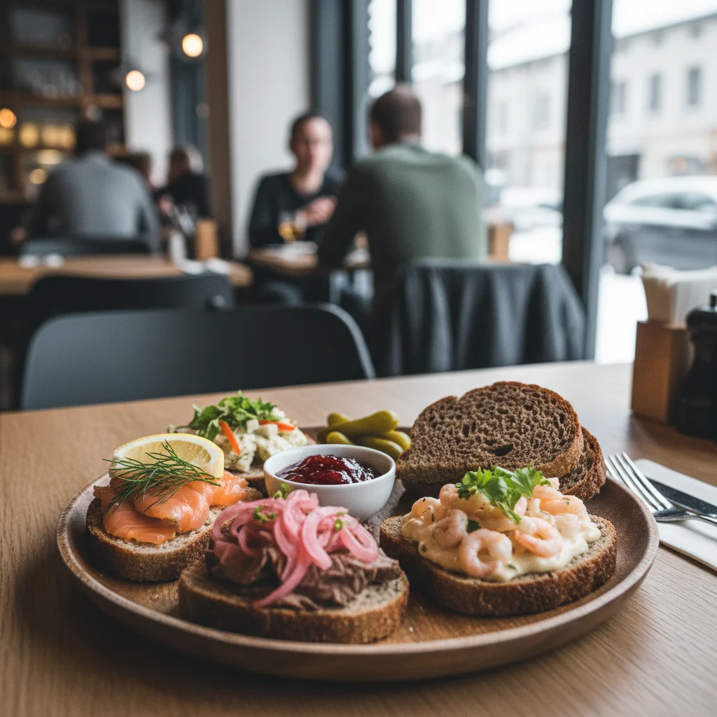 Teller mit skandinavischem Essen in einem Restaurant