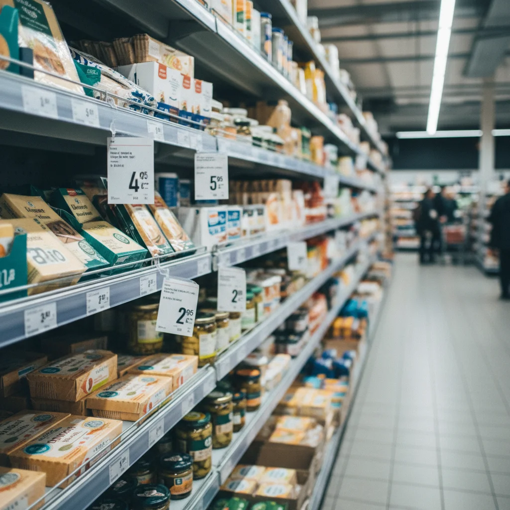 Preisschilder in einem skandinavischen Supermarkt