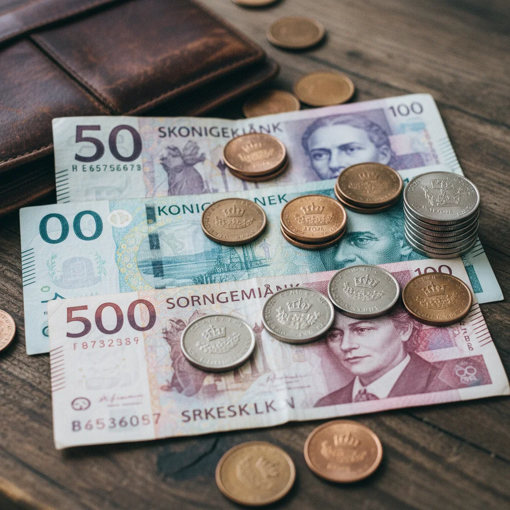 Skandinavische Geldscheine und Münzen verschiedener Währungen
