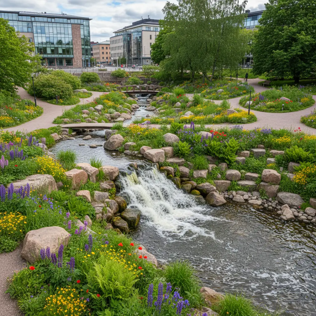 Sapokka Wasserpark in Kotka mit Wasserfall und Blumenbeeten