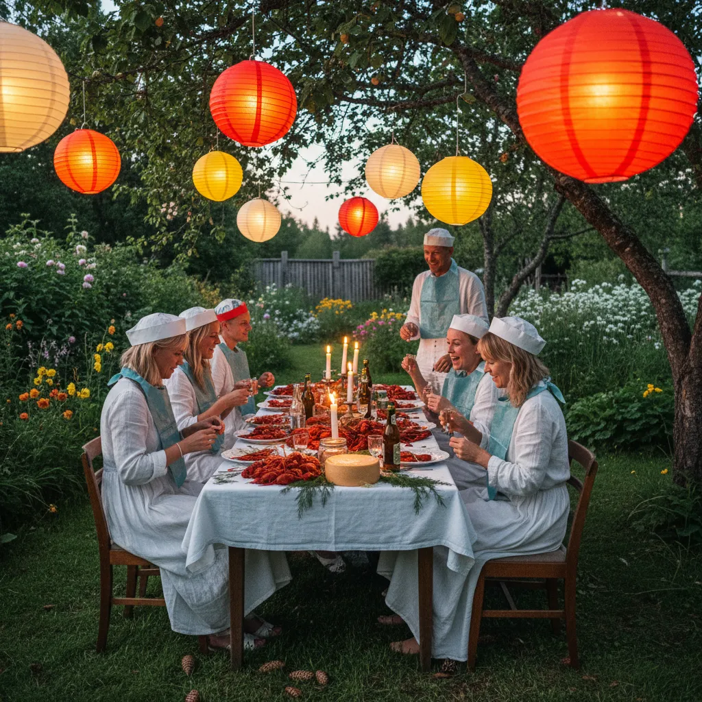 Kräftskiva am Abend in einem schwedischen Garten mit Lampions und gedecktem Tisch