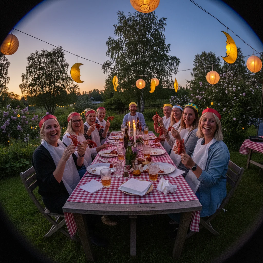 Gesellige Kräftskiva-Feier im Garten bei Abenddämmerung