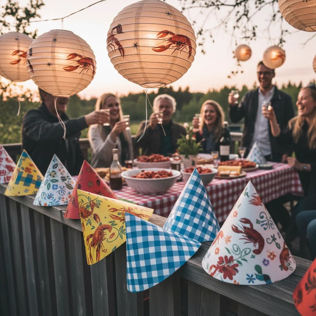 Bunte Papierhüte und Mondlaternen für eine schwedische Kräftskiva-Feier