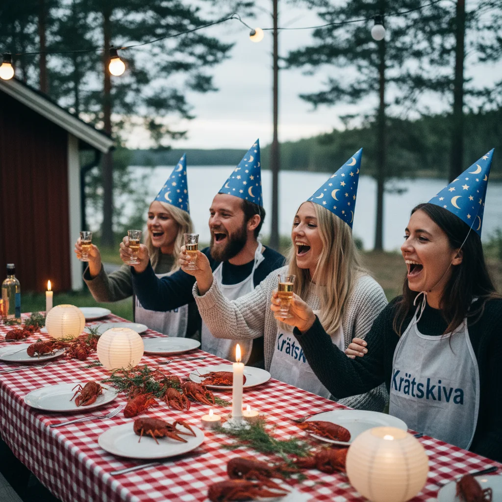 Freunde beim Singen und Anstoßen mit Snapsgläsern bei einer schwedischen Kräftskiva
