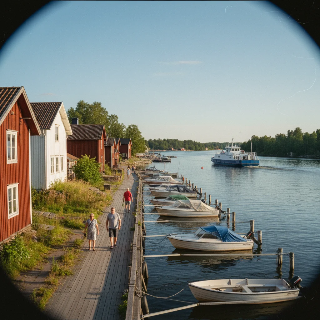 Kramfors Hafen am Ångermanälven mit Booten und roten Häusern