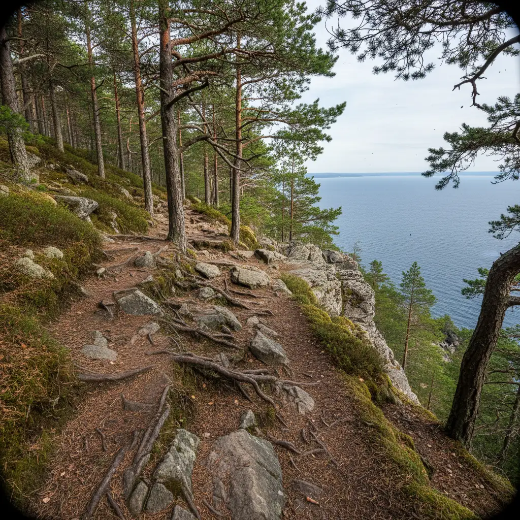 Wanderweg an der Höga Kusten bei Kramfors durch Wald und Felsen