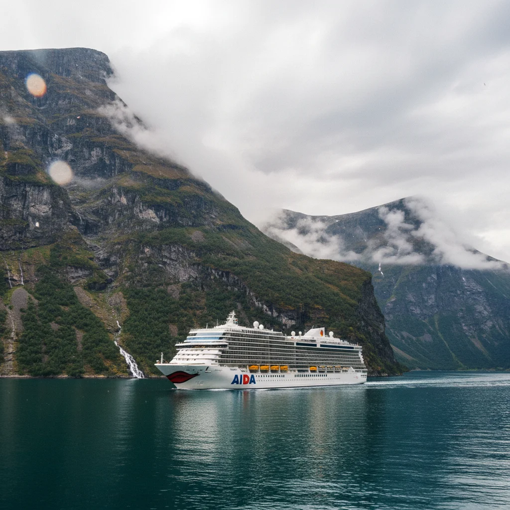AIDA Kreuzfahrtschiff in einem norwegischen Fjord mit steilen Felswänden