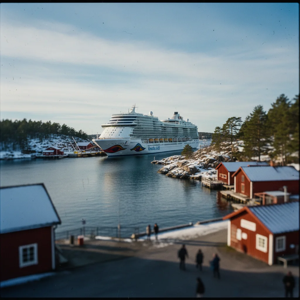 AIDA Kreuzfahrtschiff in einem norwegischen Fjord bei Sonnenschein