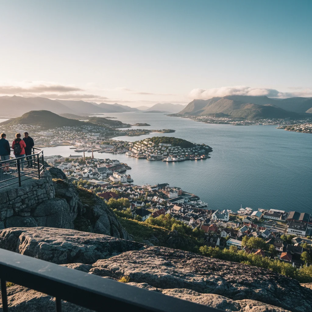 Blick vom Aksla-Aussichtspunkt auf Ålesund und die umliegenden Fjorde
