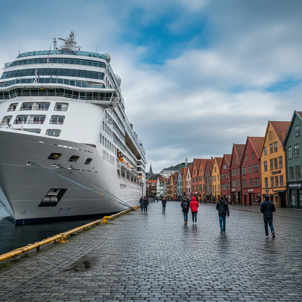 Kreuzfahrtschiff im Hafen von Bergen mit Bryggen-Häusern im Hintergrund
