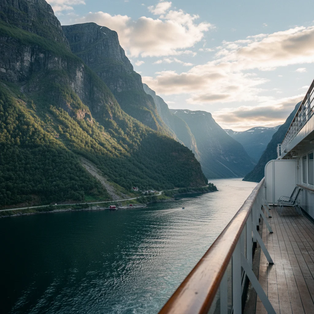 Blick vom Außendeck eines Kreuzfahrtschiffs auf einen norwegischen Fjord