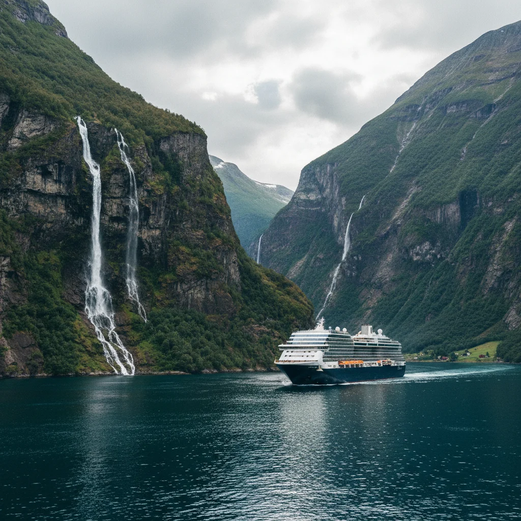 Kreuzfahrtschiff im Geirangerfjord zwischen steilen Felswänden und Wasserfällen