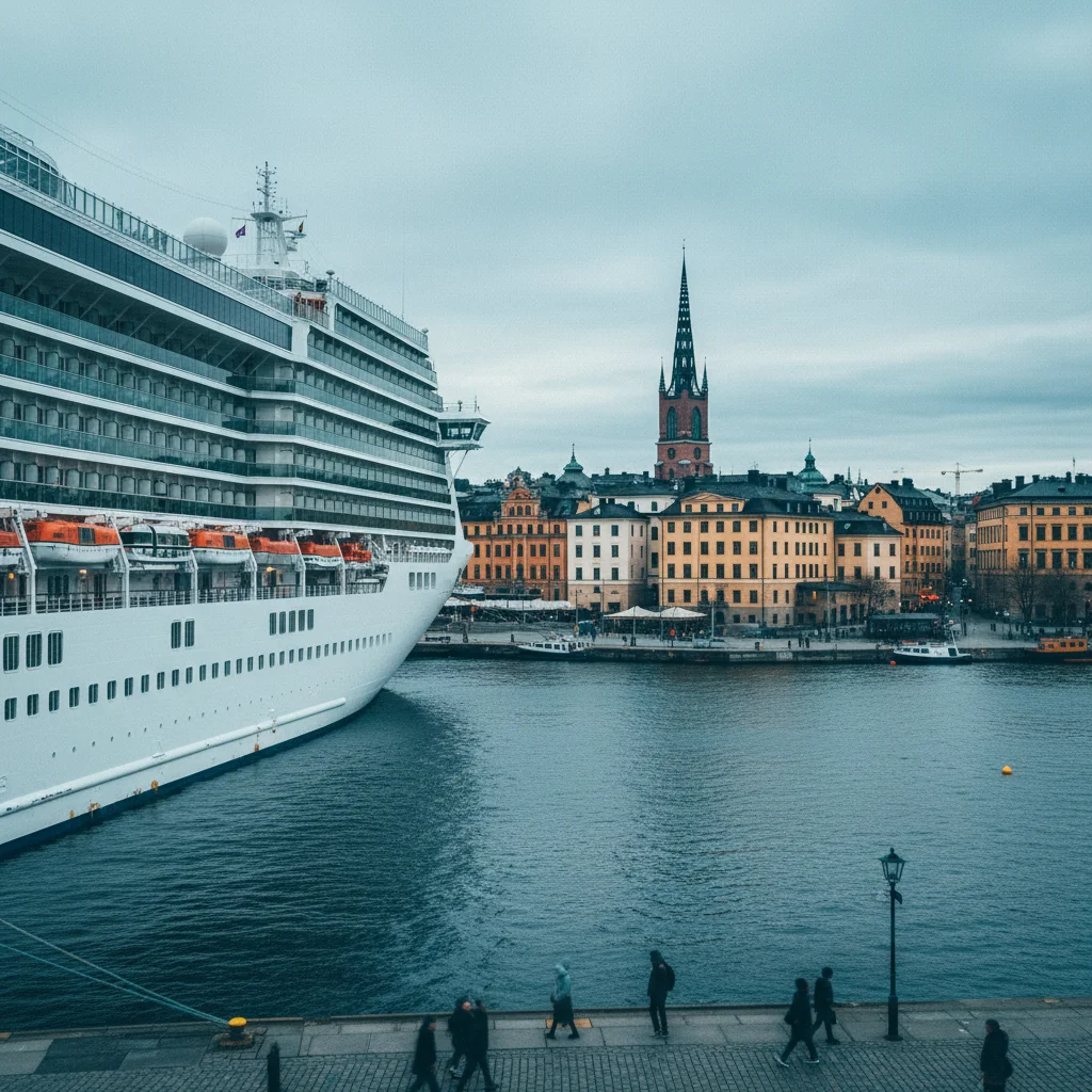 Kreuzfahrtschiff im Hafen von Stockholm mit Altstadt im Hintergrund
