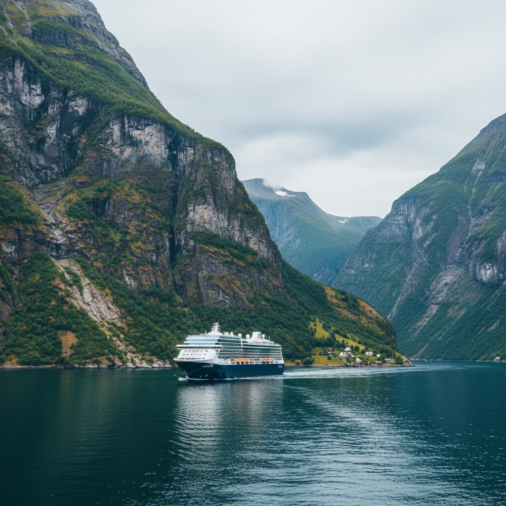 Kreuzfahrtschiff in einem norwegischen Fjord zwischen steilen Felswänden