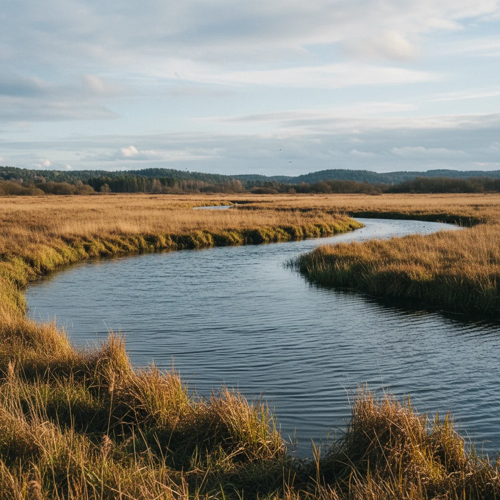 Helgeå-Fluss bei Kristianstad mit Feuchtwiesen und Schilf