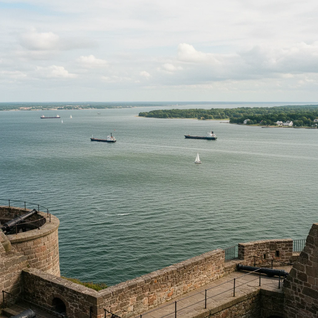 Blick vom Schloss Kronborg über den Øresund nach Schweden
