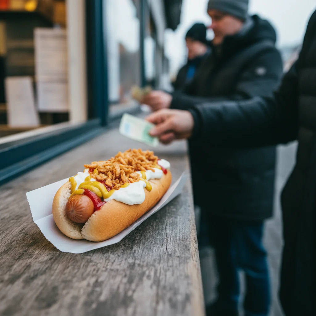 Isländischer Hotdog mit allen Saucen an einem Imbissstand
