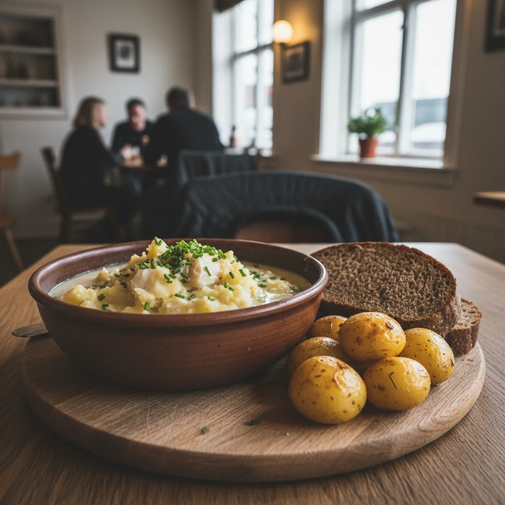 Plokkfiskur in einer traditionellen Schüssel mit Kartoffeln und Brot