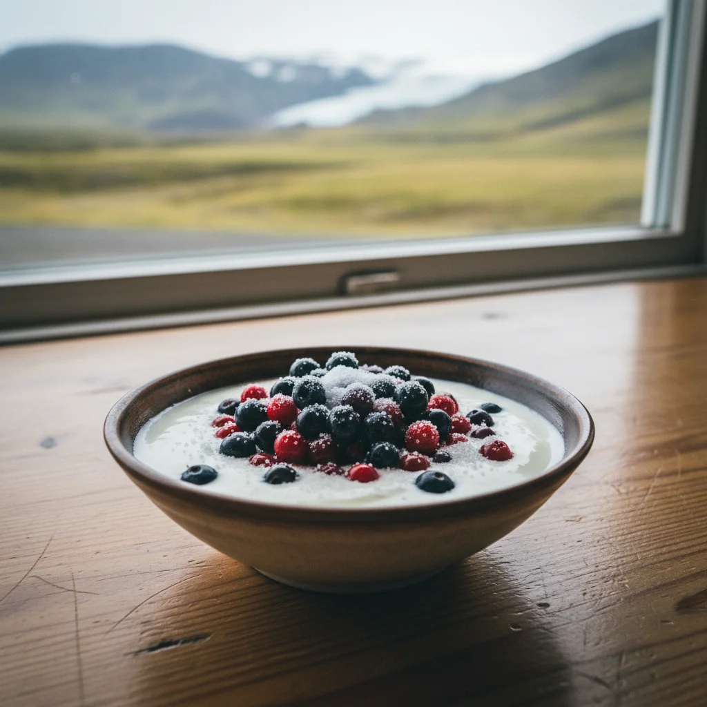 Schale mit Skyr garniert mit isländischen Beeren und Zucker