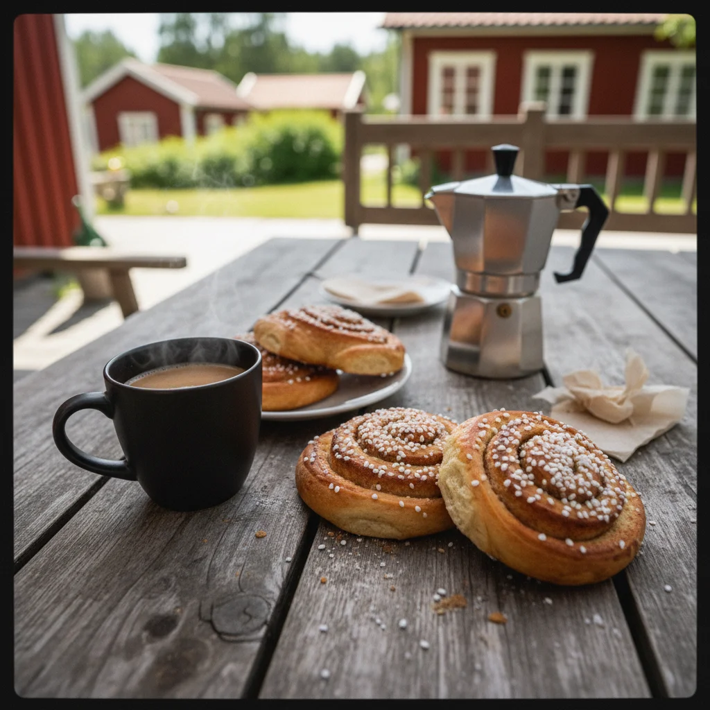 Schwedische Fika mit Kaffee und Kanelbullar auf einem Holztisch