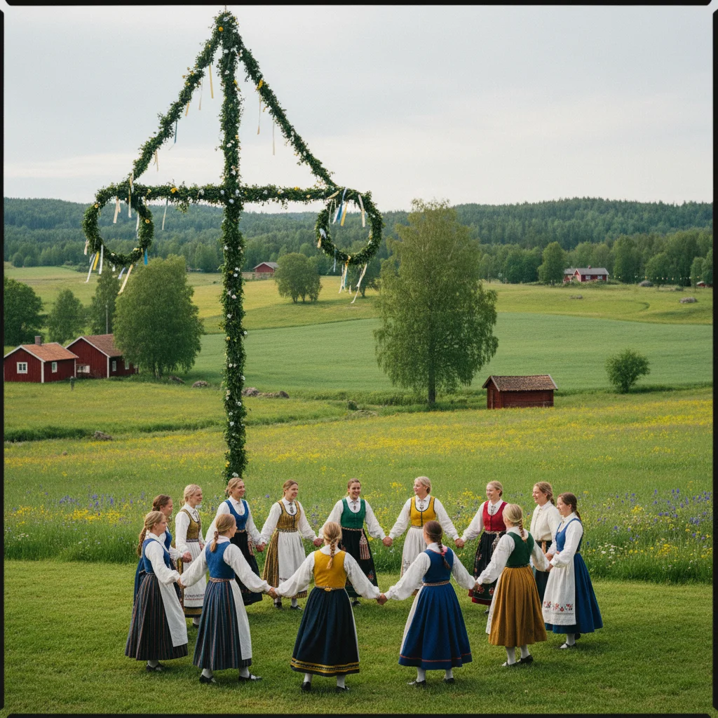 Midsommar-Feier mit Maibaum und tanzenden Menschen in schwedischer Landschaft