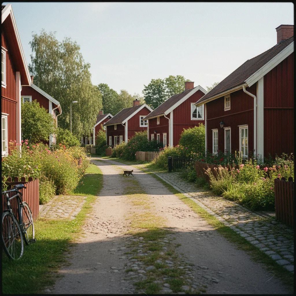 Schwedische Wohnstraße mit roten Holzhäusern und Gärten