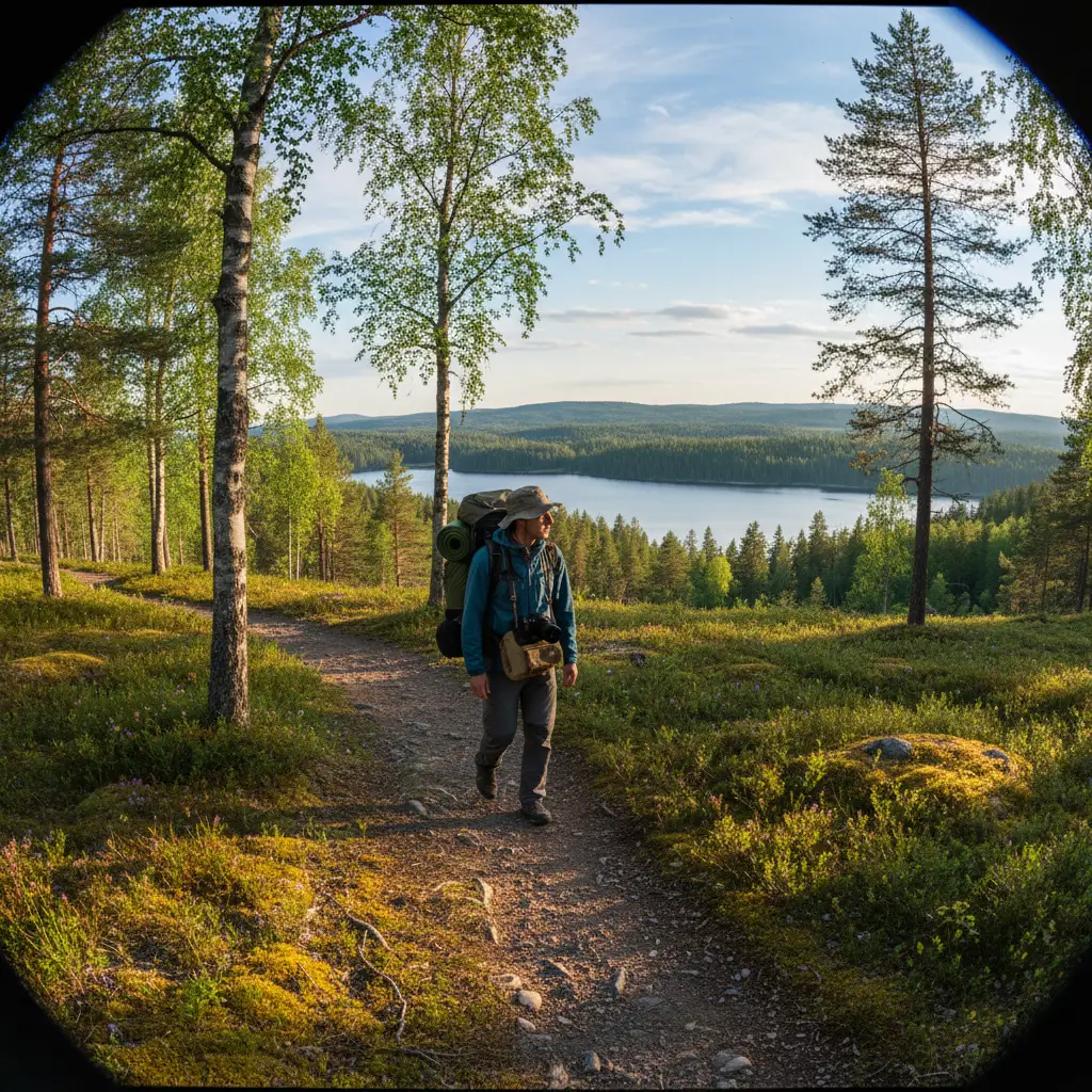 Wanderer mit Zelt in der schwedischen Natur