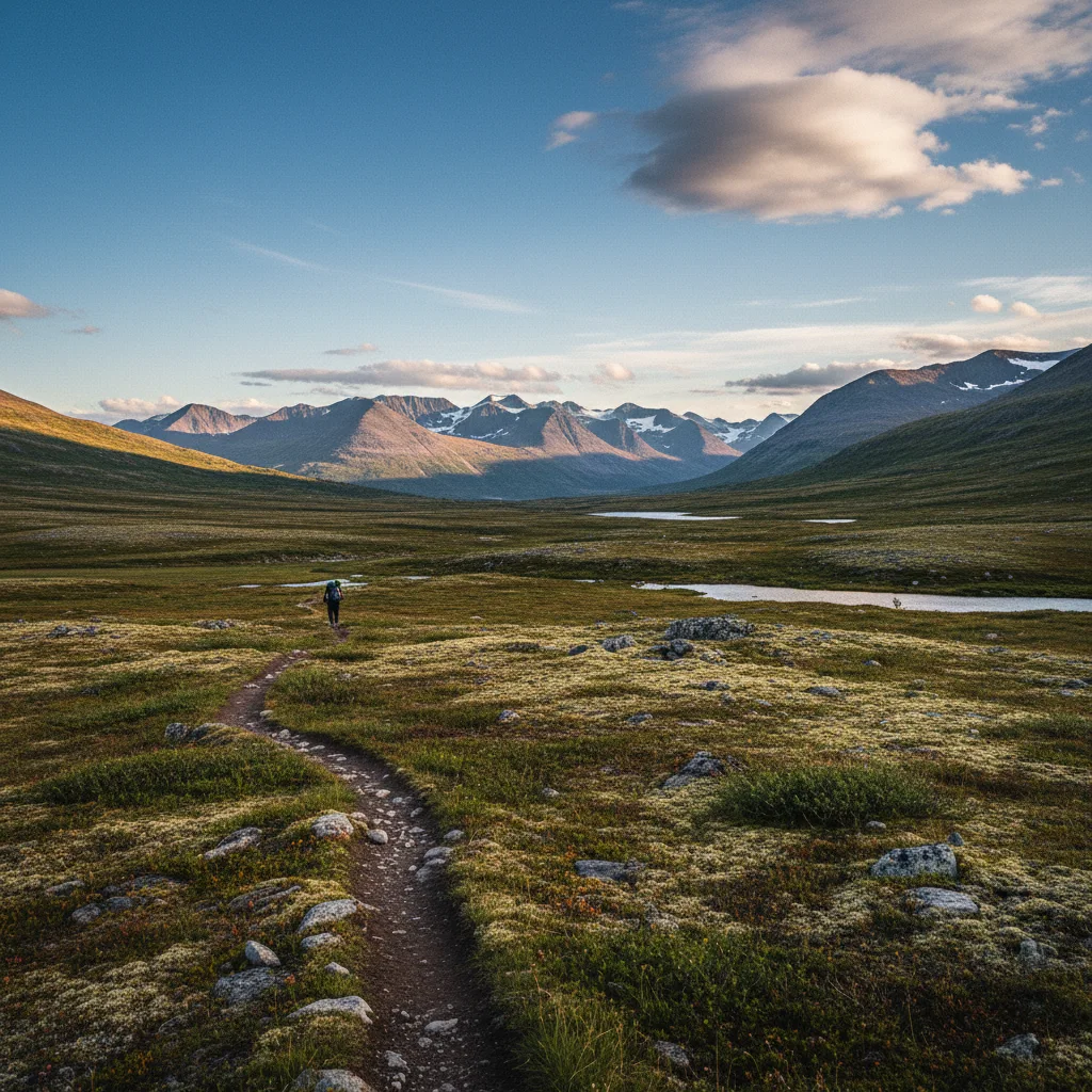 Weite Fjälllandschaft am Kungsleden mit Wanderweg und fernen Bergen
