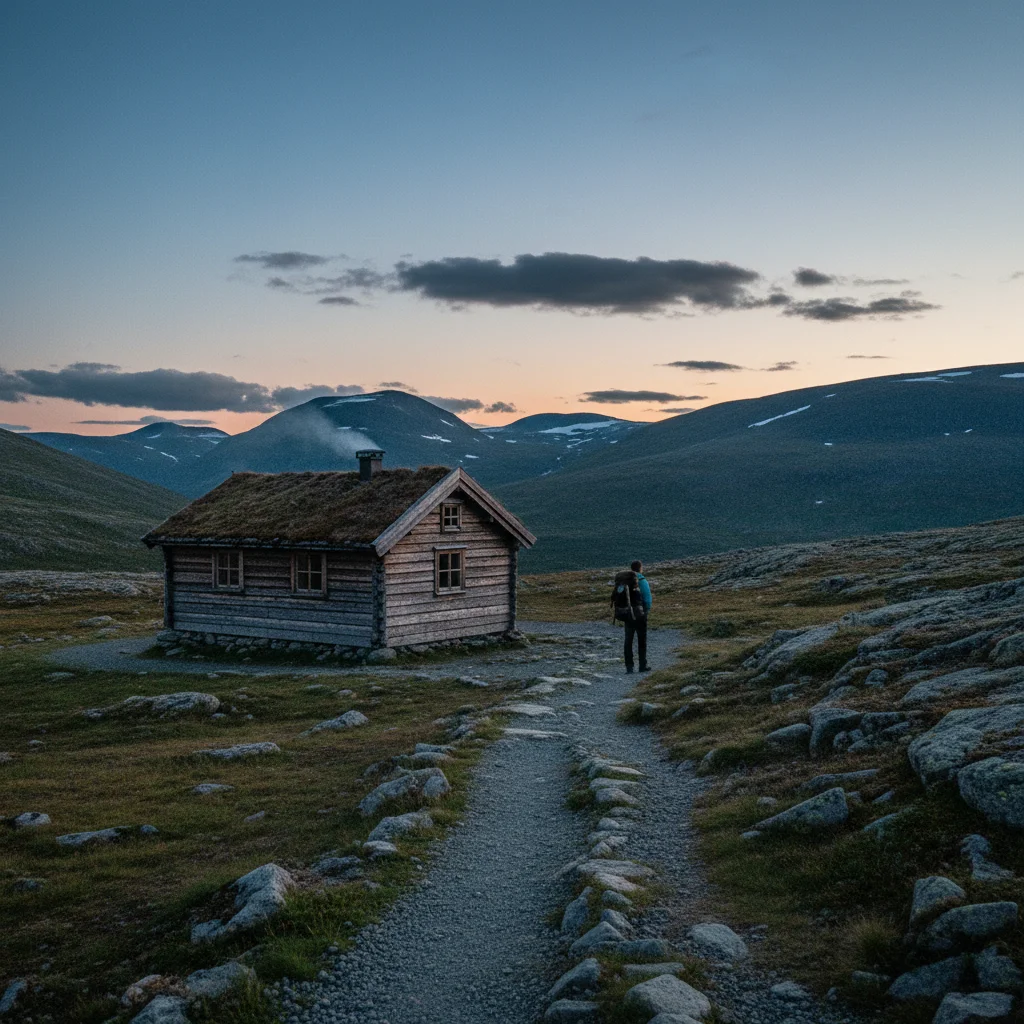 STF-Fjällhütte am Kungsleden bei Abenddämmerung mit Bergen im Hintergrund