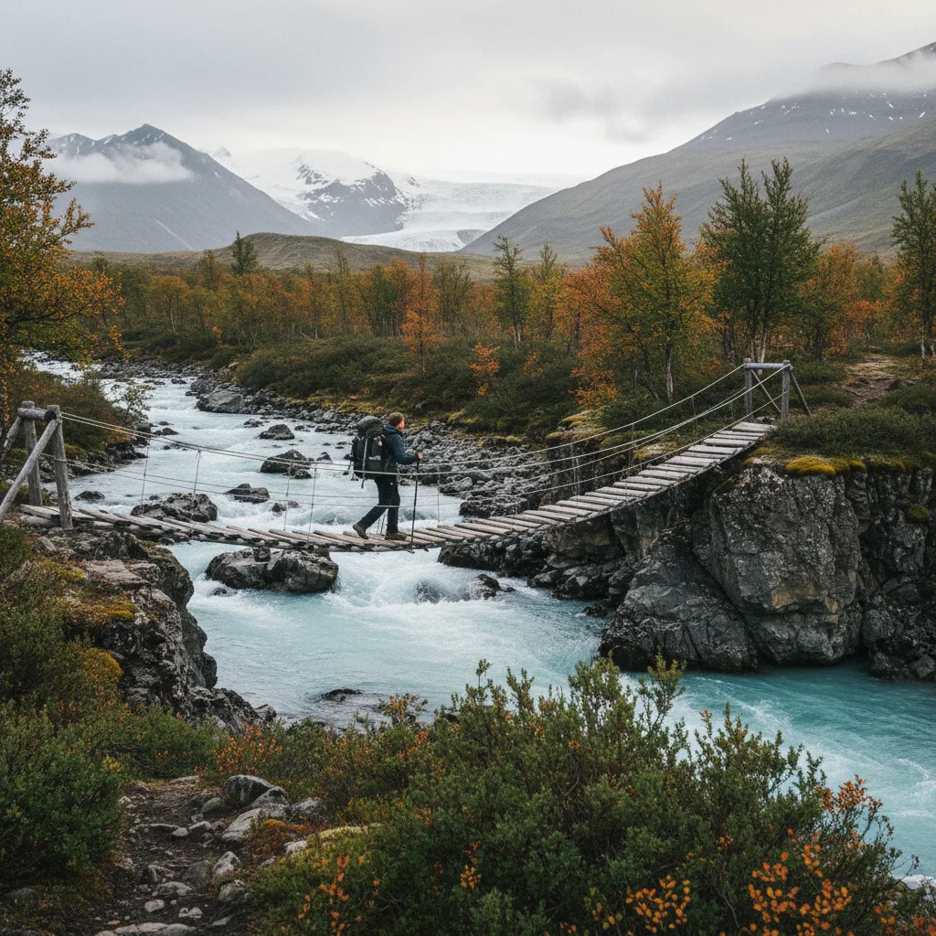 Wanderer überquert einen Fluss auf einer Holzbrücke am Kungsleden