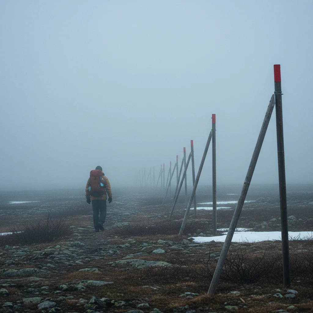 Wanderer im Nebel auf dem Kungsleden mit sichtbaren Markierungspfählen