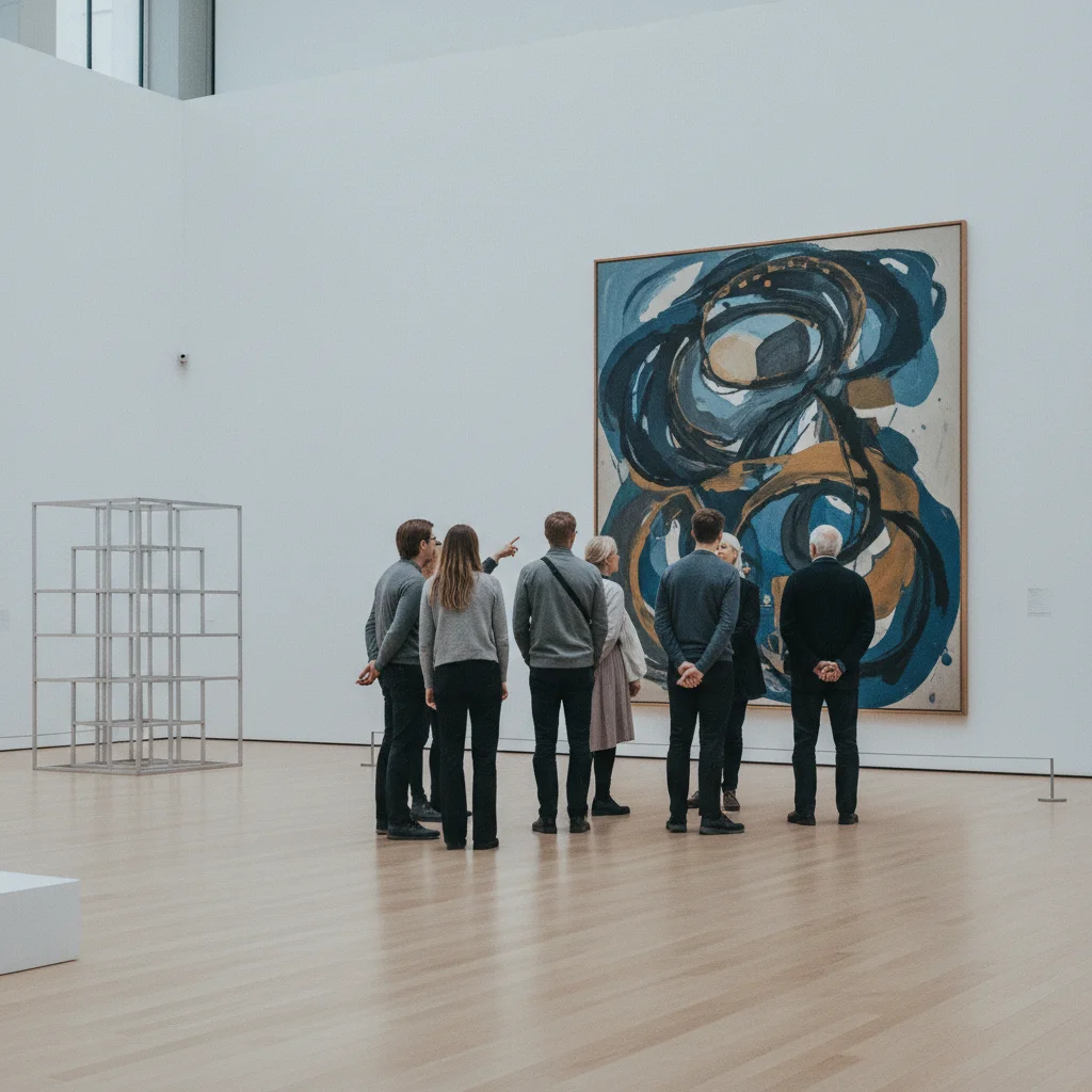 Besucher in einem großen dänischen Kunstmuseum mit weißen Wänden