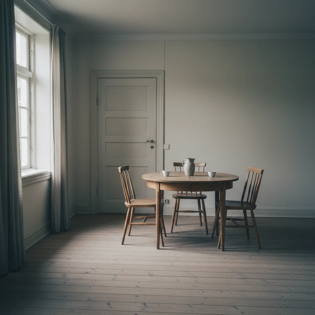 Ruhiges Interieur im Stil Vilhelm Hammershøis mit gedämpftem Licht