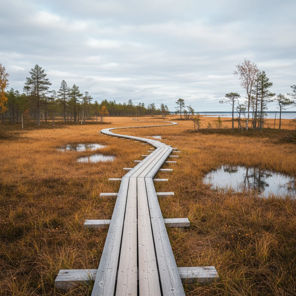 Holzsteg als Wanderweg durch die Kvarken-Landschaft