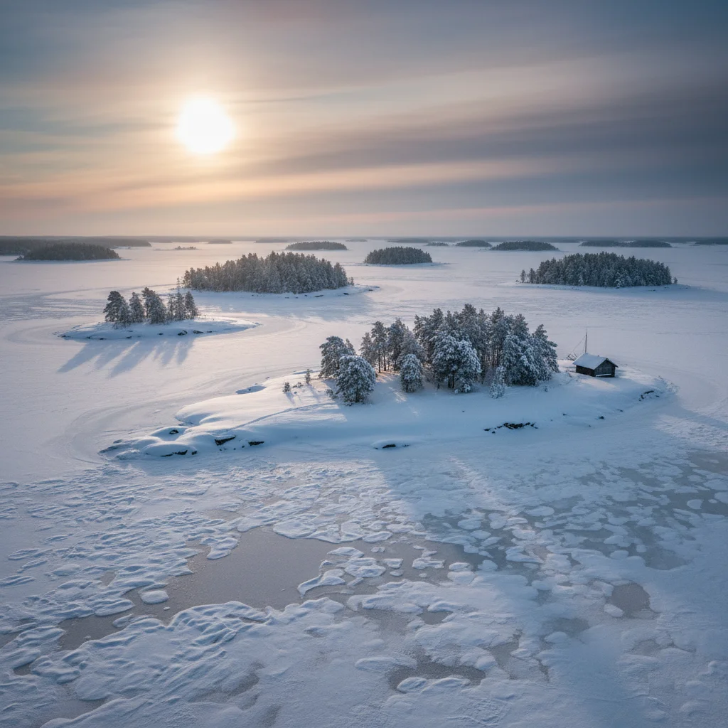 Verschneite Inseln und Eisformationen im Kvarken-Archipel im Winter