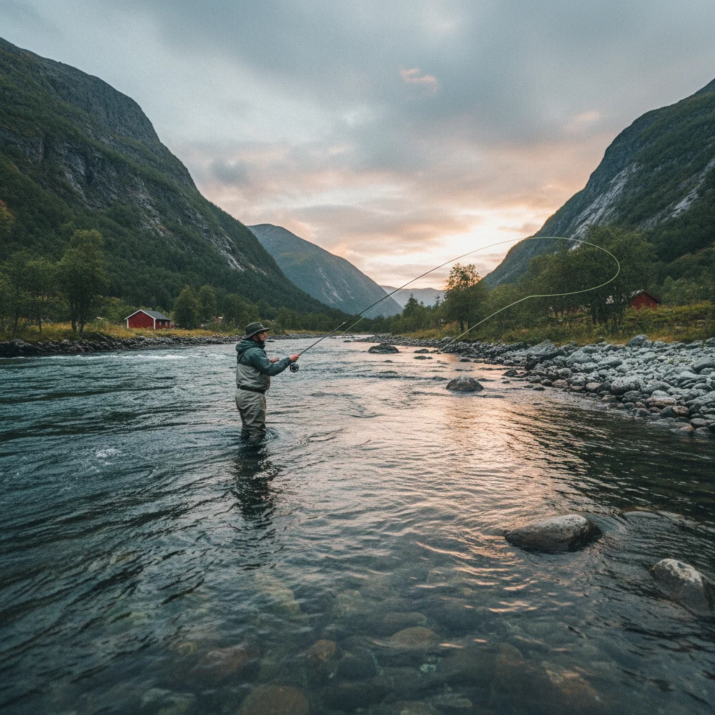 Angler im norwegischen Lachsfluss mit Fliegenrute