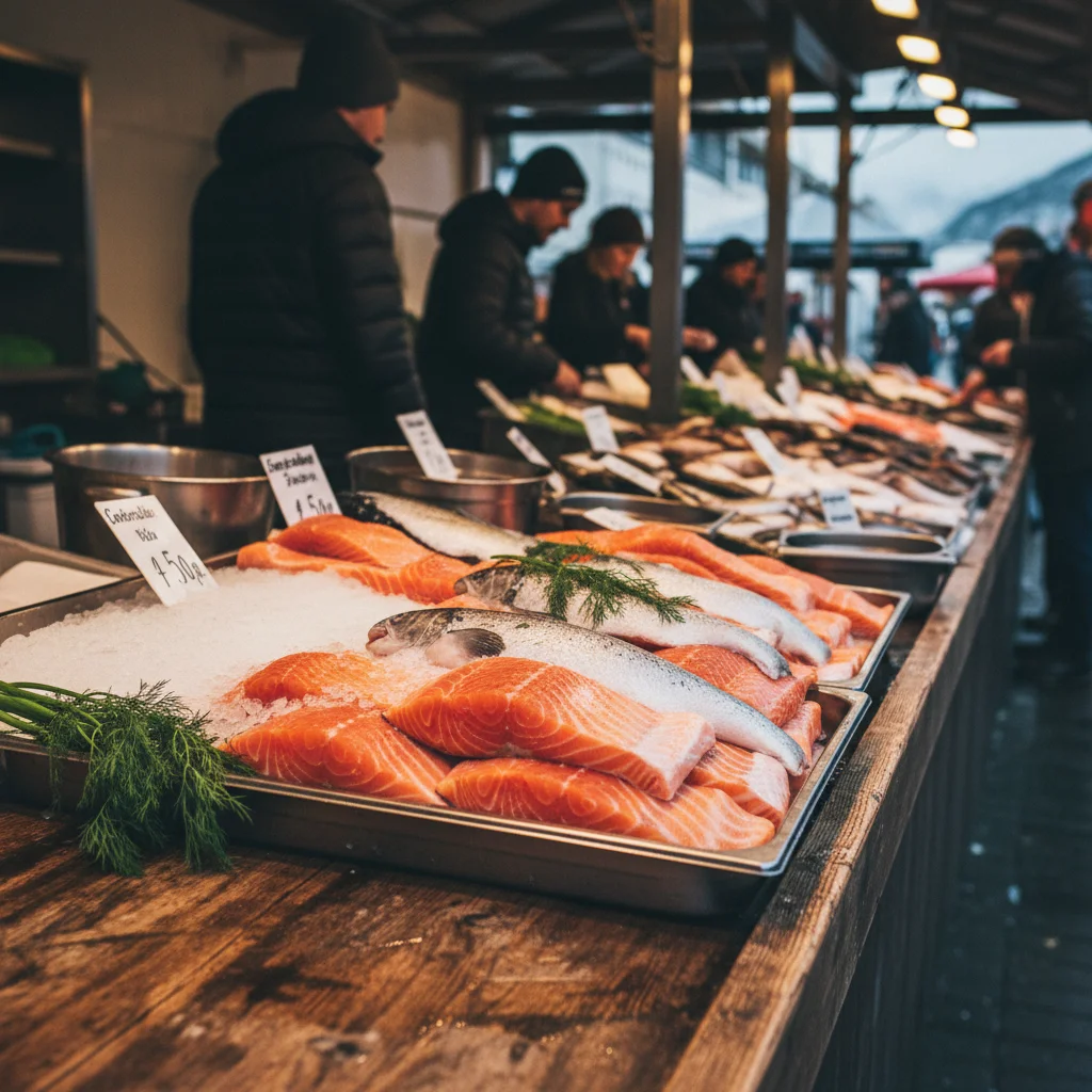 Frischer Lachs auf dem Fischmarkt in Bergen