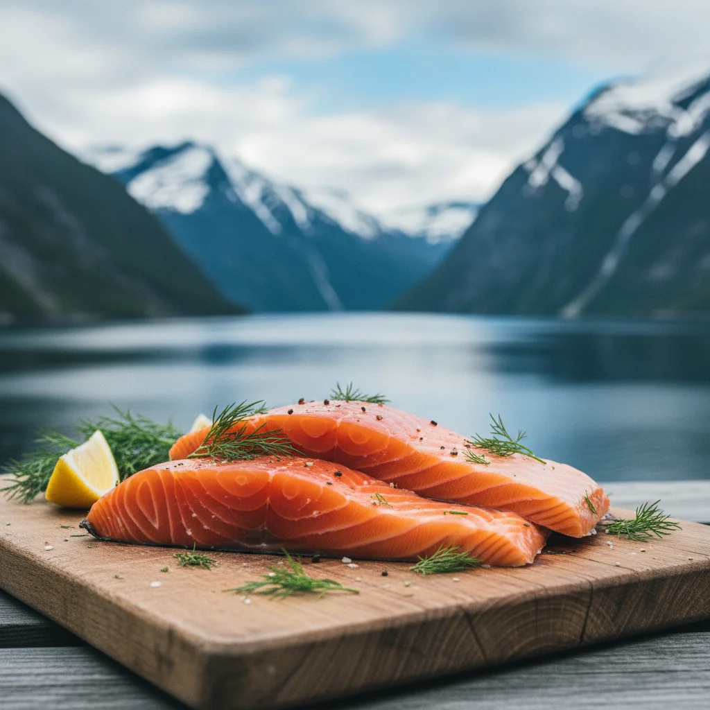 Geräucherter norwegischer Lachs auf einem Holzbrett