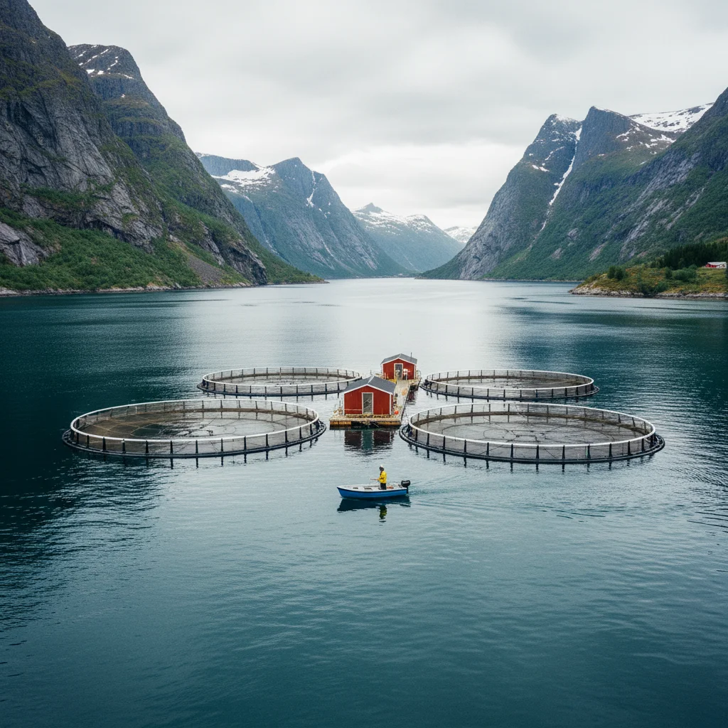 Lachszuchtanlage in einem norwegischen Fjord