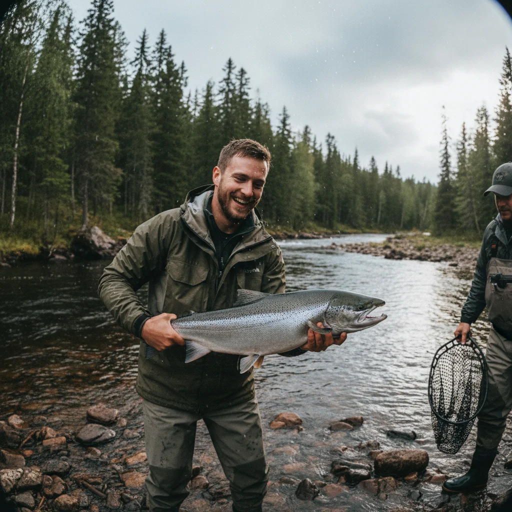 Frisch gefangener Atlantiklachs in den Händen eines Anglers